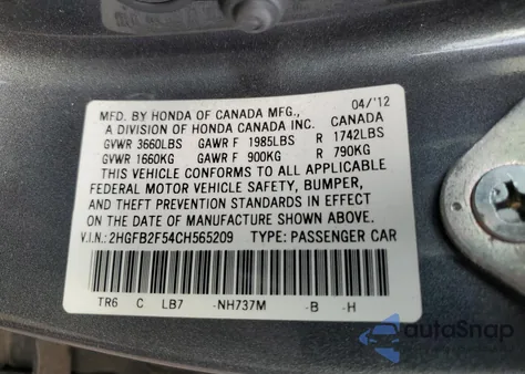 2012 Honda Civic Lx from USA, damaged, VIN 2HGFB2F54CH565209